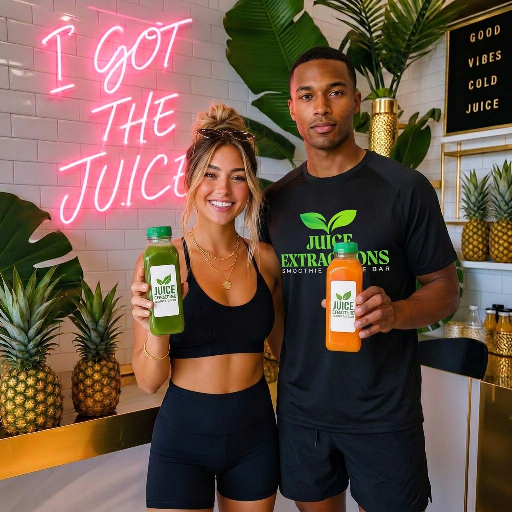 Two customers holding cold pressed juices at the I Got The Juice wall